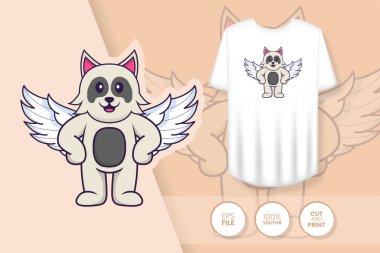 Tatlı köpek çizgi film karakteri. Tişörtlerdeki parmak izleri, sweatshirtler, cep telefonları için çantalar, hediyelik eşyalar. İzole vektör illüstrasyonu.