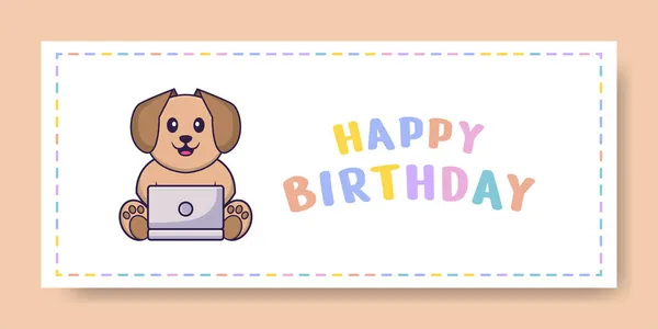 Banner Cumpleaños Feliz Con Lindo Personaje Dibujos Animados Perro Ilustración — Vector de stock