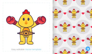 Kusursuz desenli, beyaz arka planda çizgi film tavuğu. Paket kağıdı, kumaş ve diğerleri için kullanılabilir.