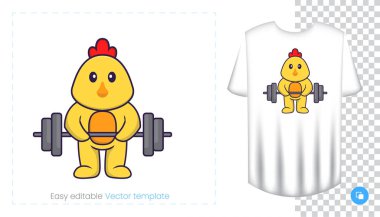 Sevimli tavuk karakteri. Tişörtlerdeki parmak izleri, sweatshirtler, cep telefonları için çantalar, hediyelik eşyalar. Beyaz arkaplanda izole vektör illüstrasyonu.
