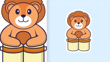 Şirin aslan maskotu. Çıkartmalar, yamalar, tekstil ve kağıt için kullanılabilir. Vektör illüstrasyonu