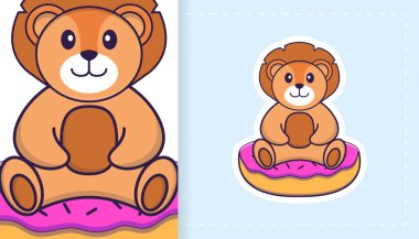 Şirin aslan maskotu. Çıkartmalar, yamalar, tekstil ve kağıt için kullanılabilir. Vektör illüstrasyonu