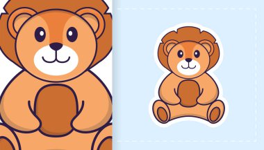 Şirin aslan maskotu. Çıkartmalar, yamalar, tekstil ve kağıt için kullanılabilir. Vektör illüstrasyonu