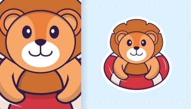 Şirin aslan maskotu. Çıkartmalar, yamalar, tekstil ve kağıt için kullanılabilir. Vektör illüstrasyonu