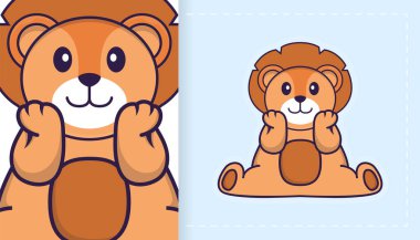 Şirin aslan maskotu. Çıkartmalar, yamalar, tekstil ve kağıt için kullanılabilir. Vektör illüstrasyonu