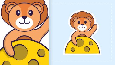 Şirin aslan maskotu. Çıkartmalar, yamalar, tekstil ve kağıt için kullanılabilir. Vektör illüstrasyonu