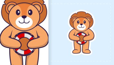 Şirin aslan maskotu. Çıkartmalar, yamalar, tekstil ve kağıt için kullanılabilir. Vektör illüstrasyonu