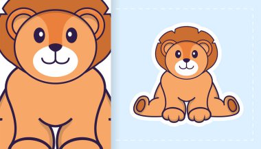 Şirin aslan maskotu. Çıkartmalar, yamalar, tekstil ve kağıt için kullanılabilir. Vektör illüstrasyonu