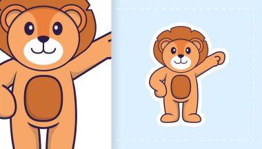 Şirin aslan maskotu. Çıkartmalar, yamalar, tekstil ve kağıt için kullanılabilir. Vektör illüstrasyonu