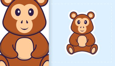 Şirin maymun maskotu karakteri. Çıkartmalar, yamalar, tekstil ve kağıt için kullanılabilir. Vektör illüstrasyonu