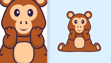 Şirin maymun maskotu karakteri. Çıkartmalar, yamalar, tekstil ve kağıt için kullanılabilir. Vektör illüstrasyonu