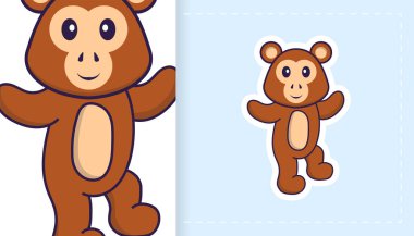 Şirin maymun maskotu karakteri. Çıkartmalar, yamalar, tekstil ve kağıt için kullanılabilir. Vektör illüstrasyonu