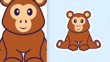 Şirin maymun maskotu karakteri. Çıkartmalar, yamalar, tekstil ve kağıt için kullanılabilir. Vektör illüstrasyonu