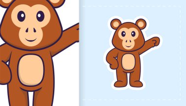 Şirin maymun maskotu karakteri. Çıkartmalar, yamalar, tekstil ve kağıt için kullanılabilir. Vektör illüstrasyonu