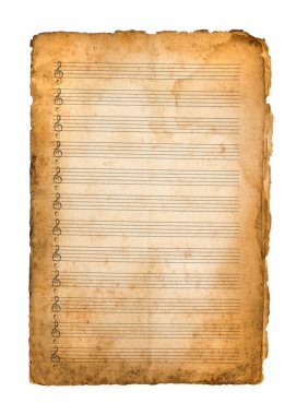 Beyaz üzerine izole edilmiş boş müzikal pentagramı olan eski müzik sayfası