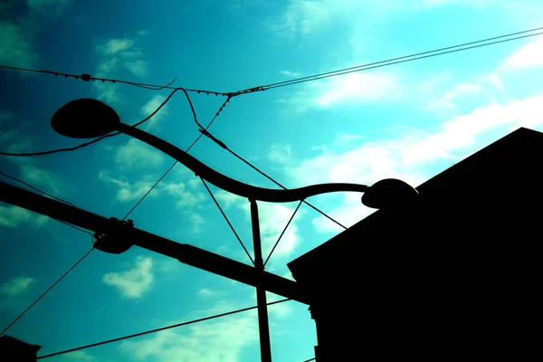 Evocative Image Electric Cables City Street Lamps Magical Sky — Fotografia de Stock