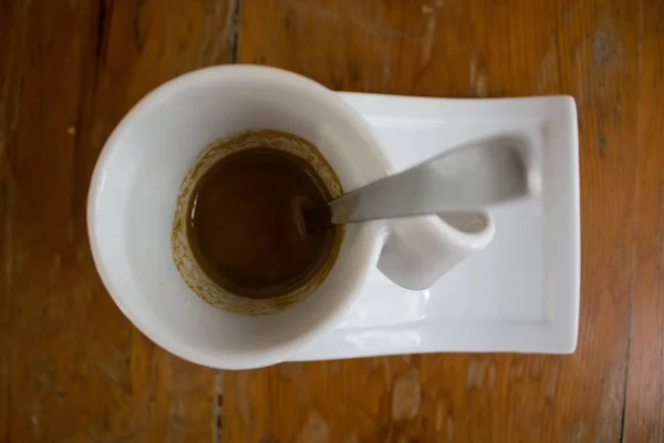 Gros Plan Une Tasse Café Expresso Avec Cuillère Café — Photo