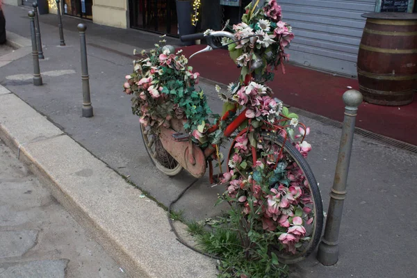 Evocative Image Composition Dried Flowers Old Bicycletied Pole Old Street Royalty Free Stock Photos