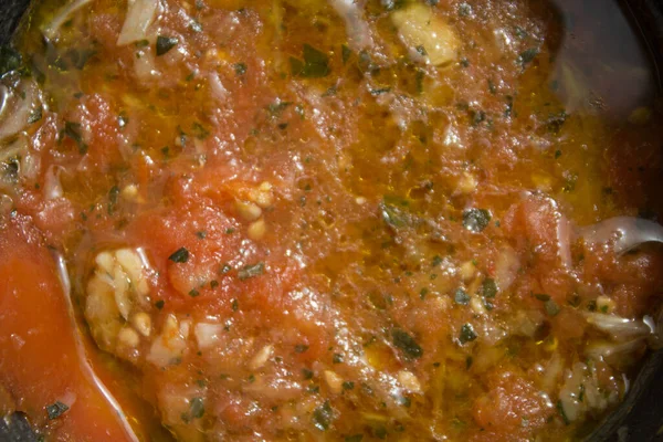 Close Homemade Tomato Garlic Oil Basil Based Preparationin Mortar Italian — Fotografia de Stock