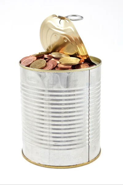Tin with coins — Stock Photo, Image