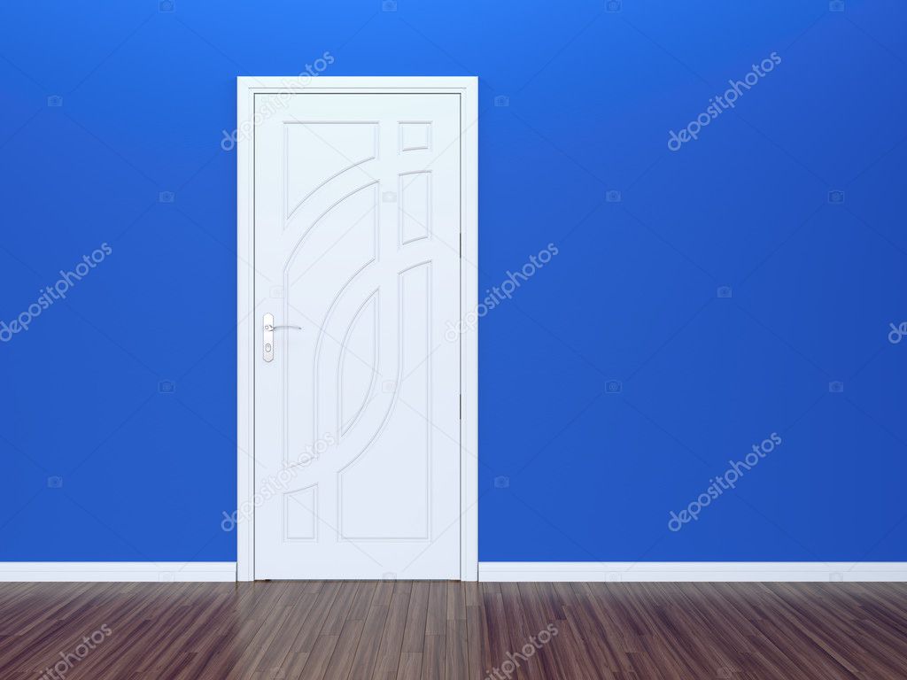 White door and blue wall