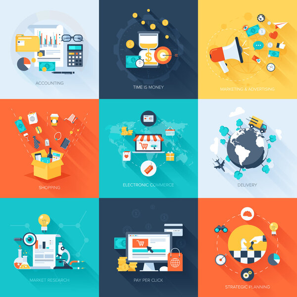 collection of flat and colorful business and finance concepts with long shadow