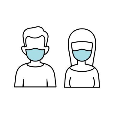 Erkek ve kadın tıbbi yüz maskesi düz simge işareti takıyorlar.