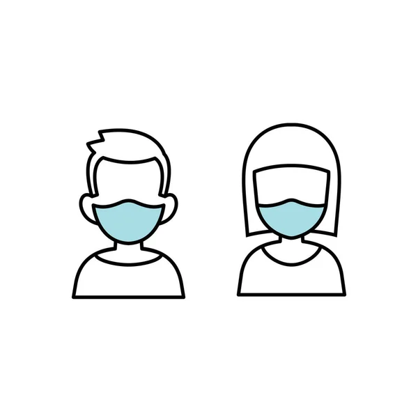 男の子と女の子は医療面マスクフラットアイコンサインを着ている — ストックベクタ