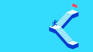Merdivenleri tırmanan adam kırmızı bayraklı hedefe doğru adım attı kavramsal arka plan