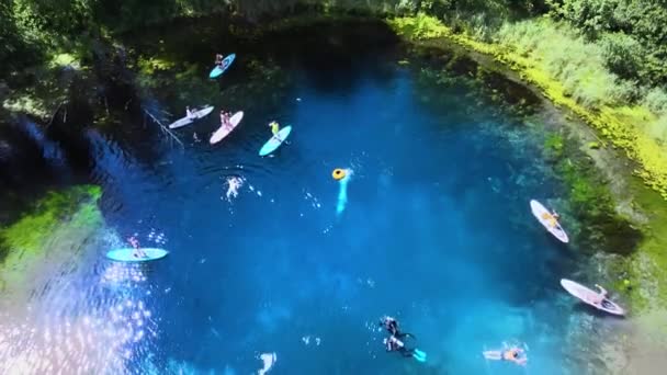 Nástupiště u hlubokého potoka. Sup boarders pádlo, potápěči prozkoumat dno laguny — Stock video