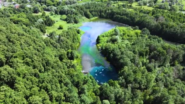 Standup Peddelt Een Kronkelende Bosrivier Tussen Hoge Bomen Vakantiegangers Drijven — Stockvideo