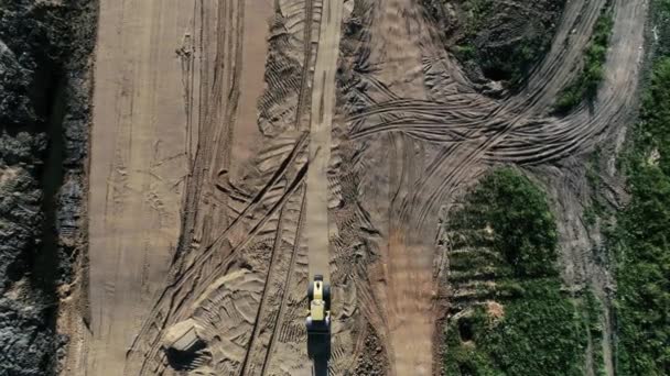 Overhead View Yellow Roller Moving Sandy Construction Site Stage Construction — 图库视频影像