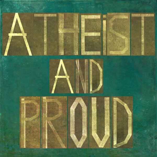 Earthy background image and design element depicting the words "Atheist and proud"