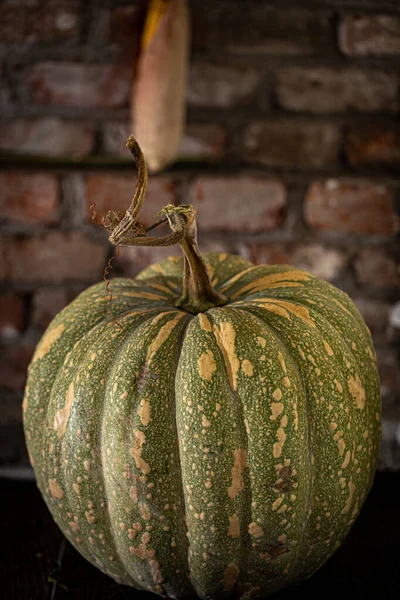 Primer Plano Calabaza Verde Madura Sobre Fondo Rústico — Foto de Stock