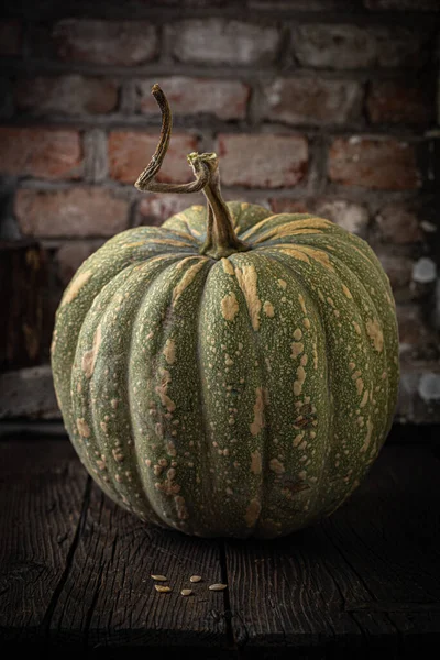 Olgun yeşil balkabağının kırsal arka planda yakın plan görüntüsü