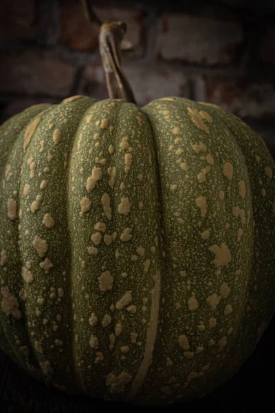 Olgun yeşil balkabağının kırsal arka planda yakın plan görüntüsü