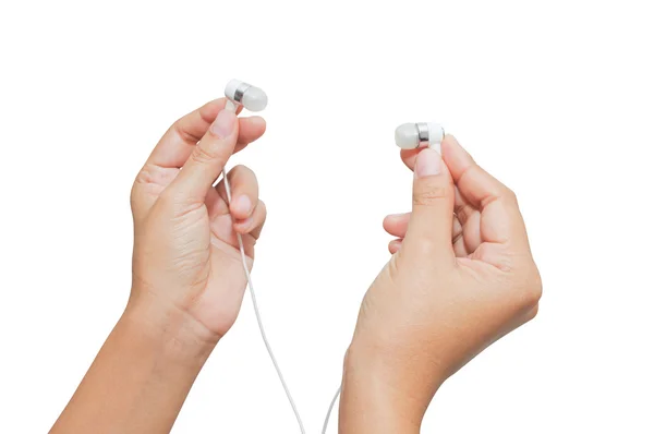 Hand holding earphone.music en geluids — Stockfoto