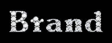 Siyah zemin 33D işlemeli elmas harflerden yapılmış marka kelimesi.