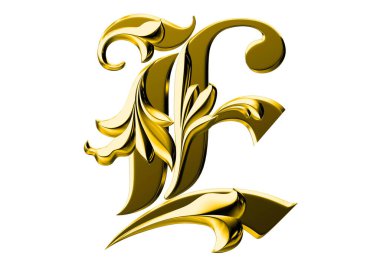 Altın 3d yazı tipi E beyaz arkaplanda izole edilmiş. 3B oluşturulmuş alfabe.