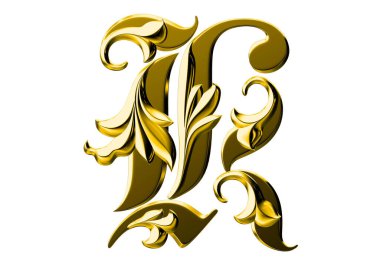 Beyaz arkaplanda izole edilmiş altın 3d yazı tipi K. 3B oluşturulmuş alfabe.