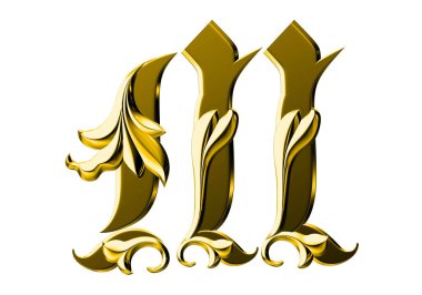 Beyaz arkaplanda izole edilmiş altın 3d yazı tipi M. 3B oluşturulmuş alfabe.