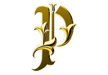 Beyaz arkaplanda altın 3d yazı tipi P izole edildi. 3B oluşturulmuş alfabe.