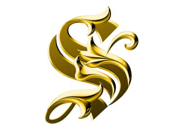 Beyaz arkaplanda izole edilmiş altın 3d yazı tipi S. 3B oluşturulmuş alfabe.