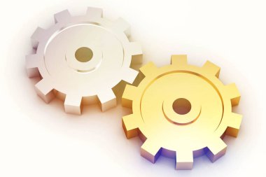 Altın Dişliler birlikte, çalışan yansıtıcı kat, 3d render