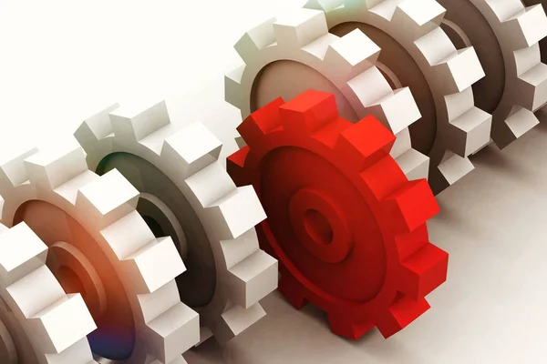 Golden Gears Working Together Reflective Floor Render — Stock Photo, Image