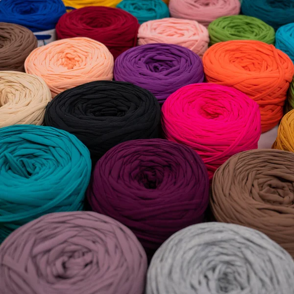 Close-up of multi-colored cotton skeins. Shop assortment for handmade — Stock Photo, Image