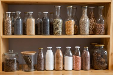 Çevre dostu bir dükkanda içinde mısır gevreği olan cam kavanozlar. Plastik tek kullanımlık ambalajsız market kavramı.