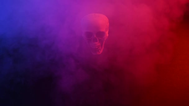 Menschenkopf in rosa und blauem Rauch auf schwarzem Hintergrund. Halloween. — Stockvideo