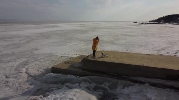 Femme caucasienne jouant avec le chien Jack Russell Terrier sur la jetée du réservoir gelé — Video