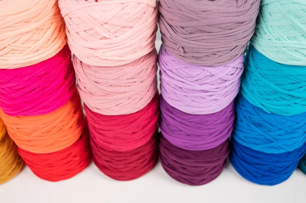 Rows of multicolored cotton yarn. The assortment of the store for needlework. — Stock Photo, Image